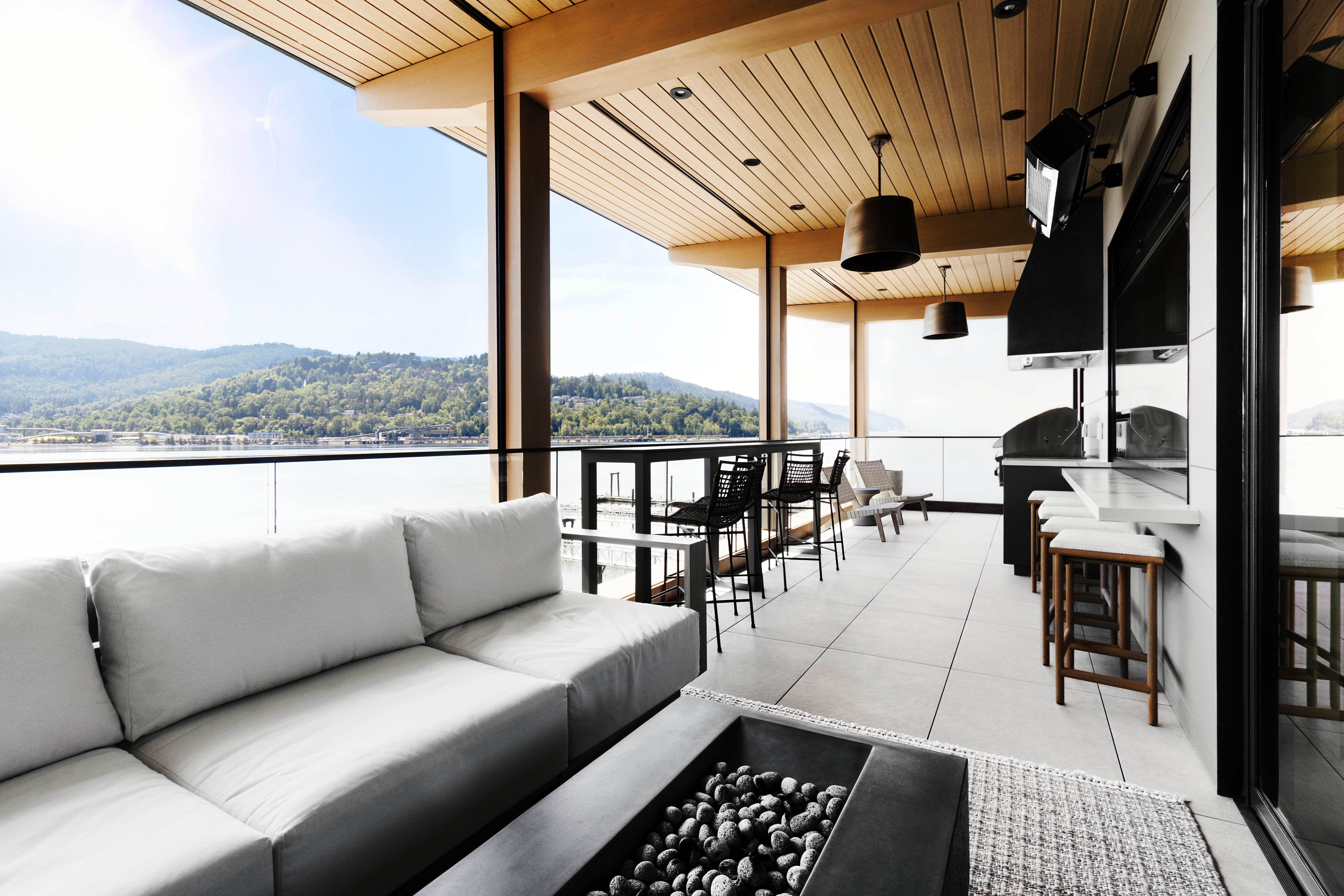 Lakeside residential terrace in bright daylight